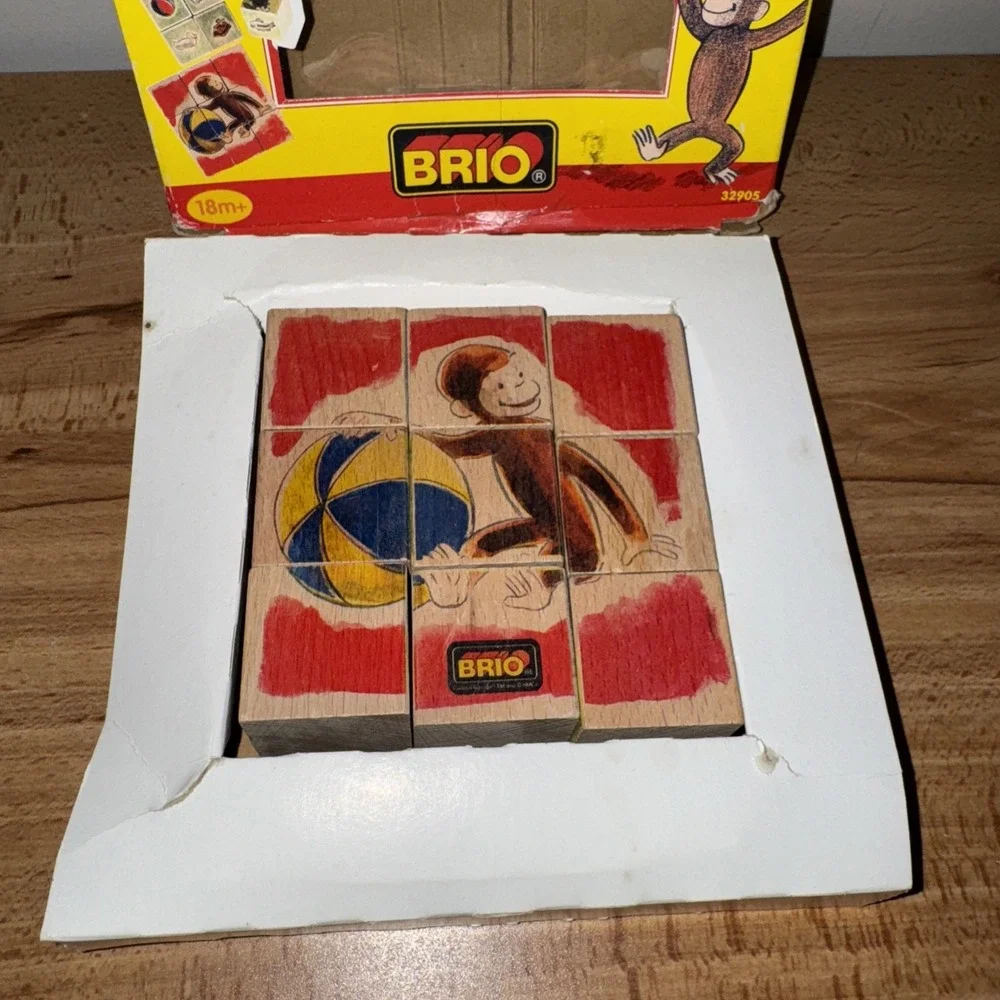Vintage Brio Curious George Block Play Puzzle 9 Cubes Wooden 32905